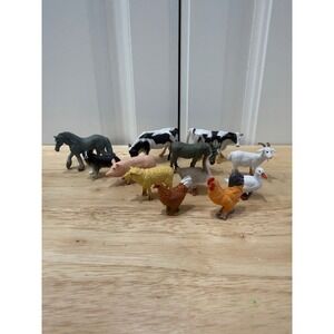 Lot of 12 Small Plastic Farm Animal Toys Horse Pig Chickens Cows Sheep Goat Dog